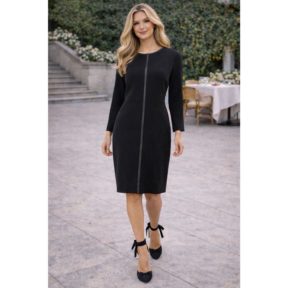 ESCADA Black Sheath Dress Faux Leather Trim Size 34 / US Size 2